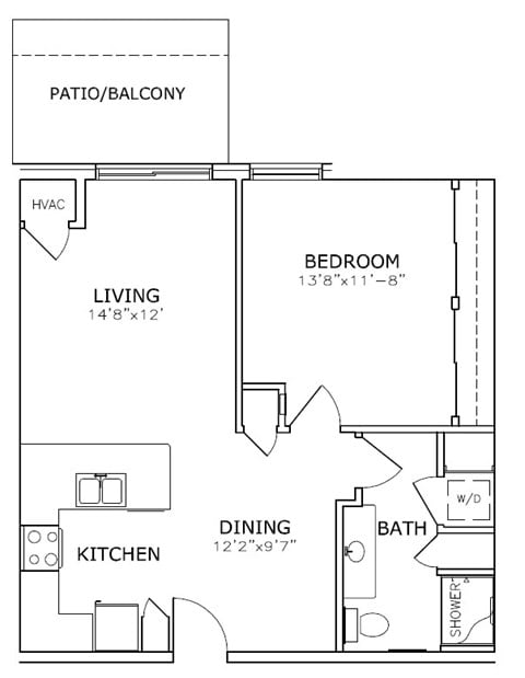 Floor plan for 1 bed, 1 bath, 720 sqft